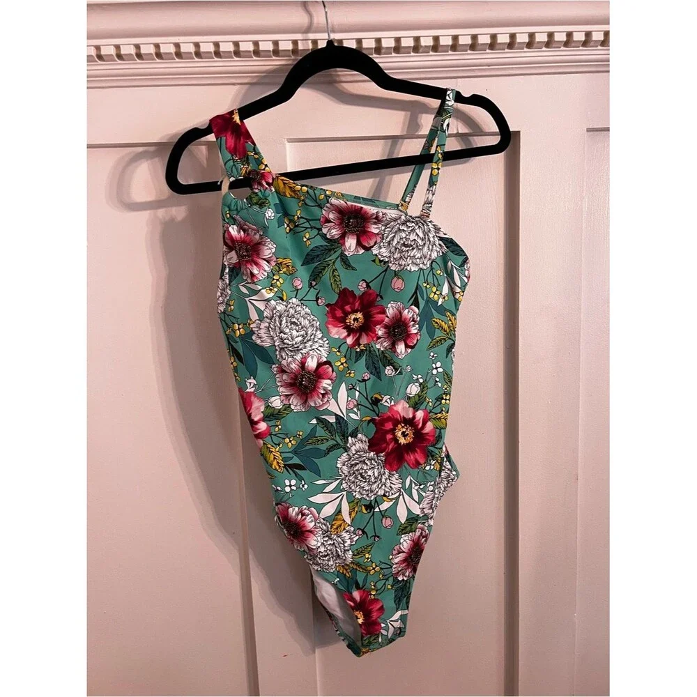 NWT Bathing Suit Asymmetrical Shoulder Floral One-Piece L apt 9
